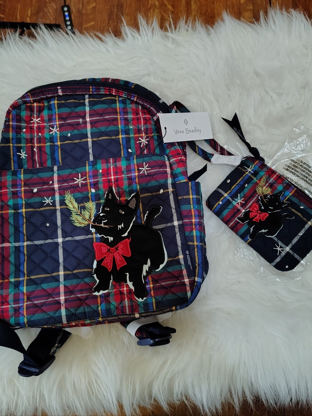 Vera Bradley Embroidered Scottie Dog Plaid Holiday Purse W Matching Wallet NWTS